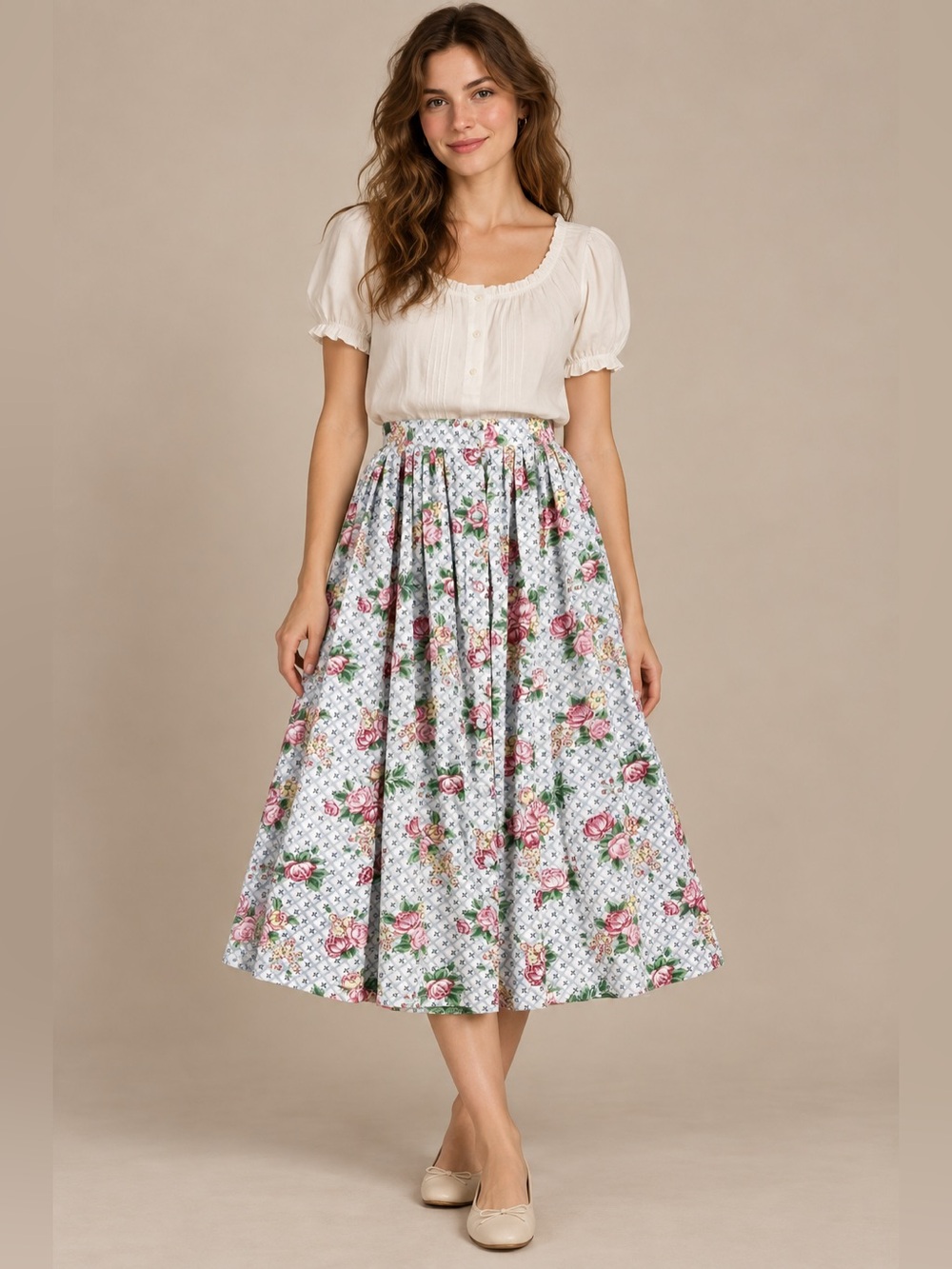 Vintage Capacity Knits Floral Cotton Smocked Waist Button Front Midi Skirt L